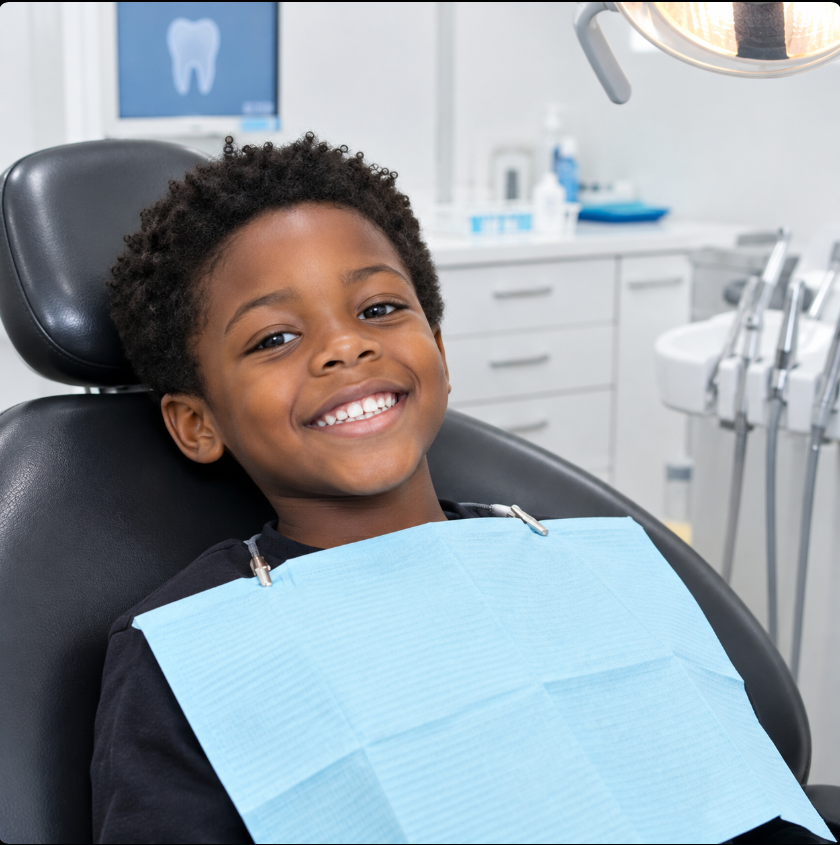 Smiling child seated comfortably in a dental chair